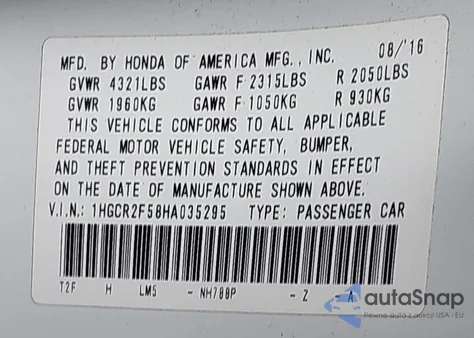 2017 Honda Accord Sport z USA, uszkodzony, nr VIN 1HGCR2F58HA035295